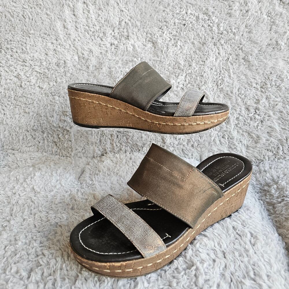 Donald Pliner Women Shera Metallic Two Strap Wedge Slip On Sandals Sz 9.5M Brown